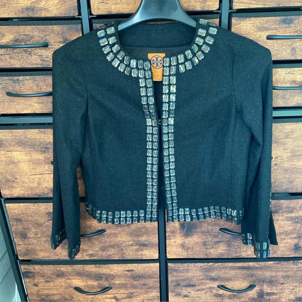 TORY BURCH UNIQUE FAUX DIAMOND STONE TRIM NECK&CUFF GRAY WOOL SIGNATURE JACKET